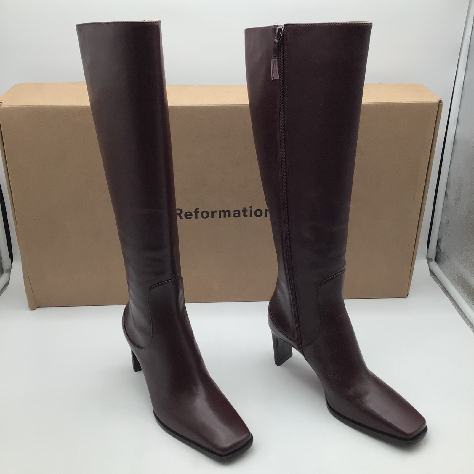 Reformation Claudette Knee Boot Ruby Leather Square Toe Block Heel Size 6.5 New
